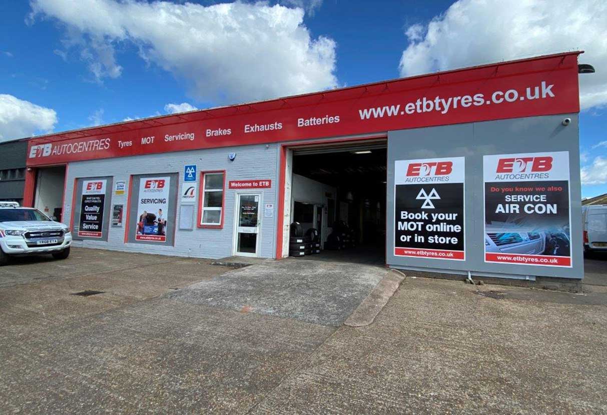 Outside of building of ETB Tyres in Exeter